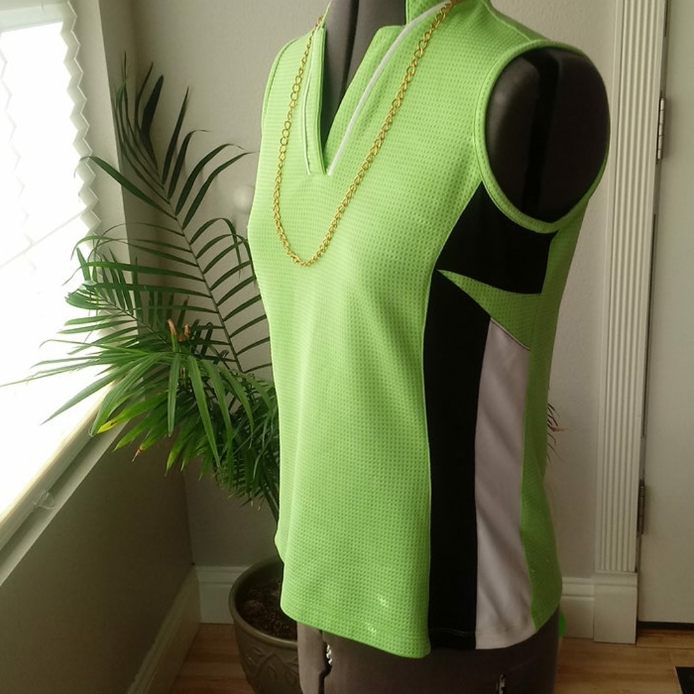 Izod Neon Green Sleeveless Athletic Tank with Black & White Panels
